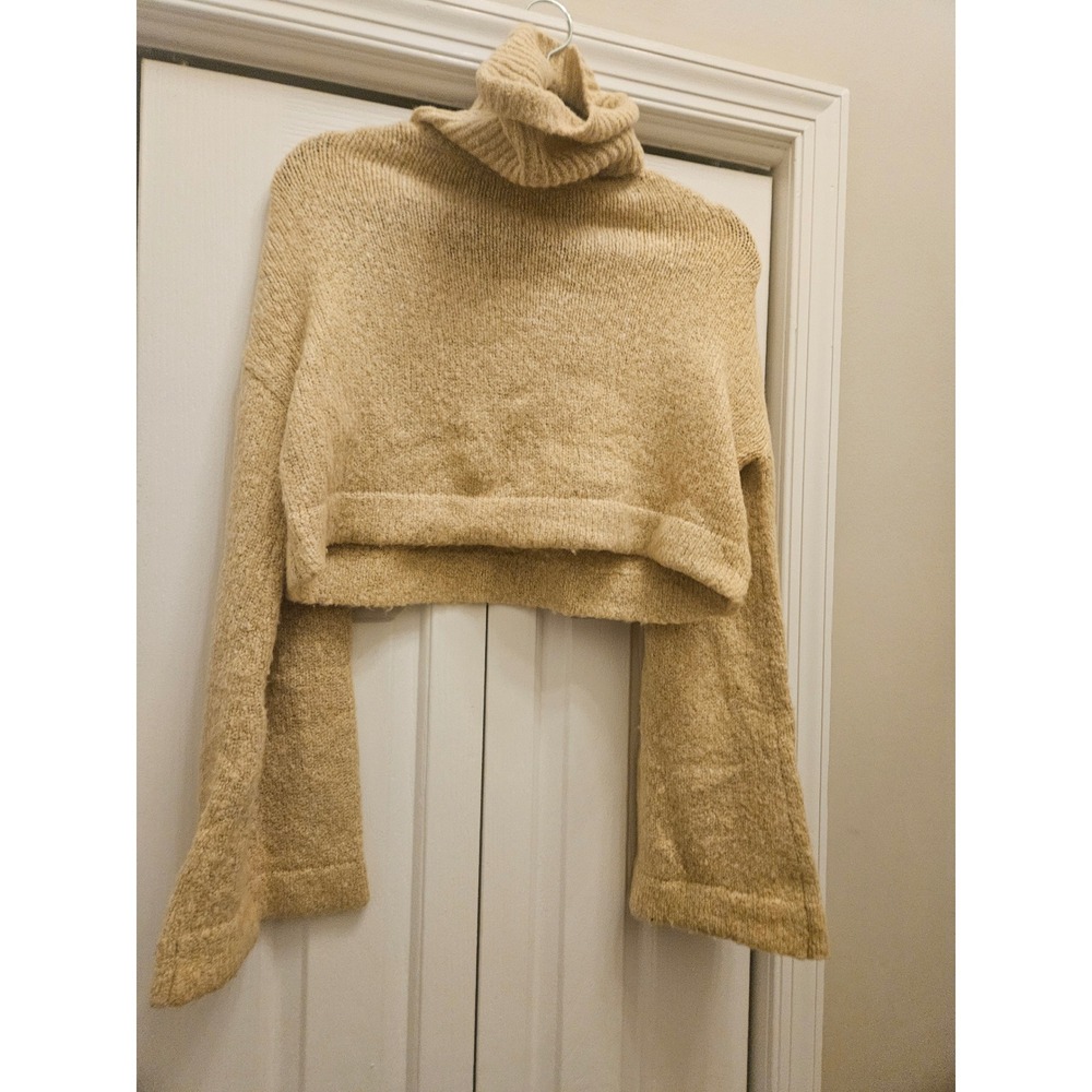 Lovers and Friends Tan Cropped Turtleneck Sweater Bell Sleeve Knit XS